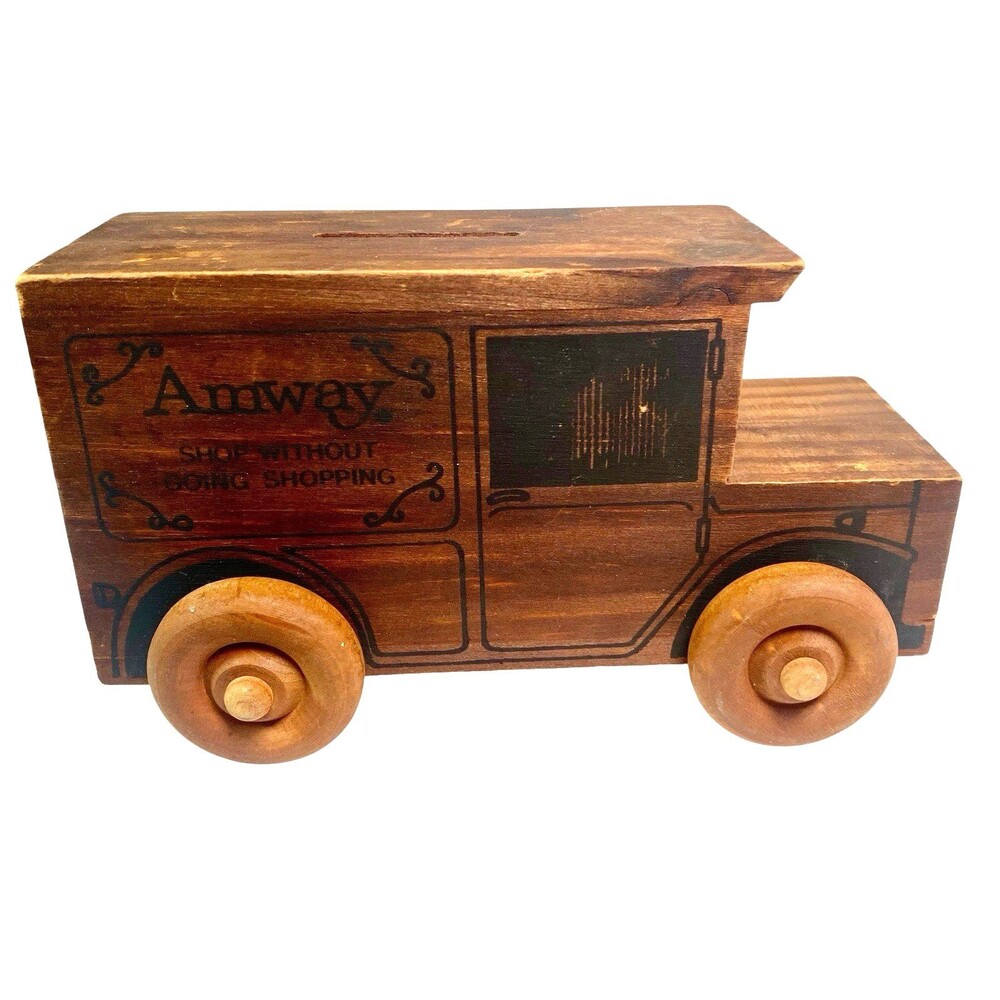 Vintage Wood Coin Bank Truck Toystalgia Amway Advertising 70s Collectible